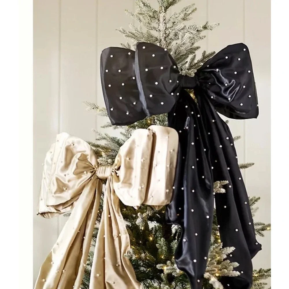Anthropologie BLACK Pearled Satin Bow Tree Topper
